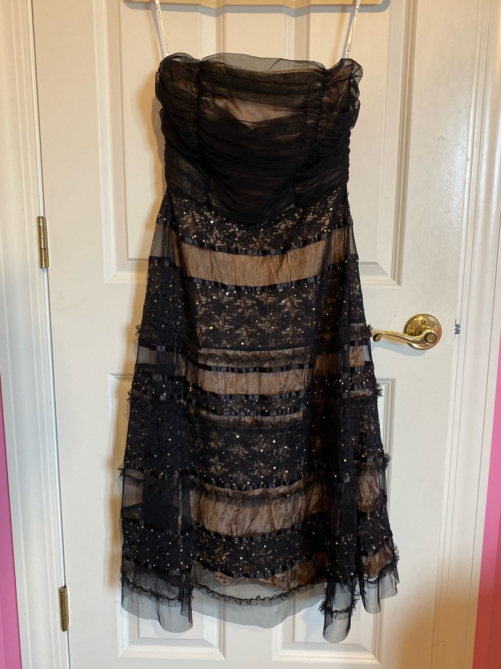 OC by OC black tan lace sequin strapless knee length formal dress, size 8